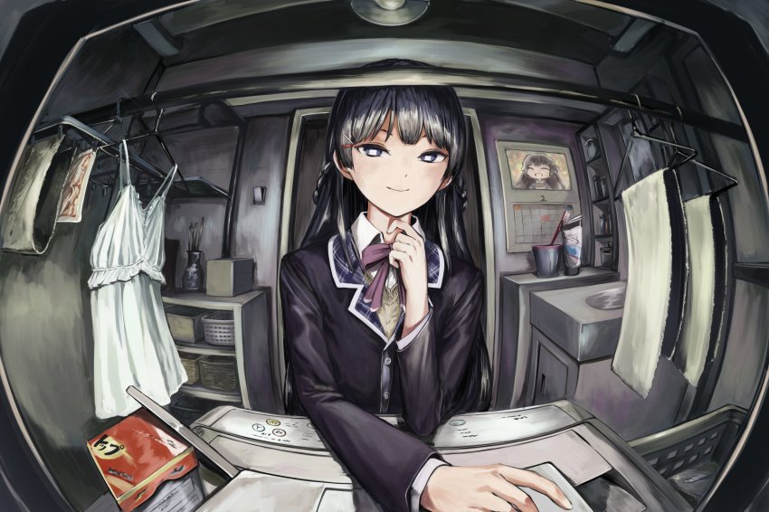 1girl bad_id bad_twitter_id basket black_eyes black_hair braid calendar clothes_hanger computer cup dress female_focus fisheye highres laptop long_hair looking_at_viewer nijisanji school_uniform sink siva_ryo sleeveless sleeveless_dress smile solo toothbrush top-load_washing_machine towel tsukino_mito tsukino_mito_(1st_costume) unworn_dress virtual_youtuber washing_machine white_dress