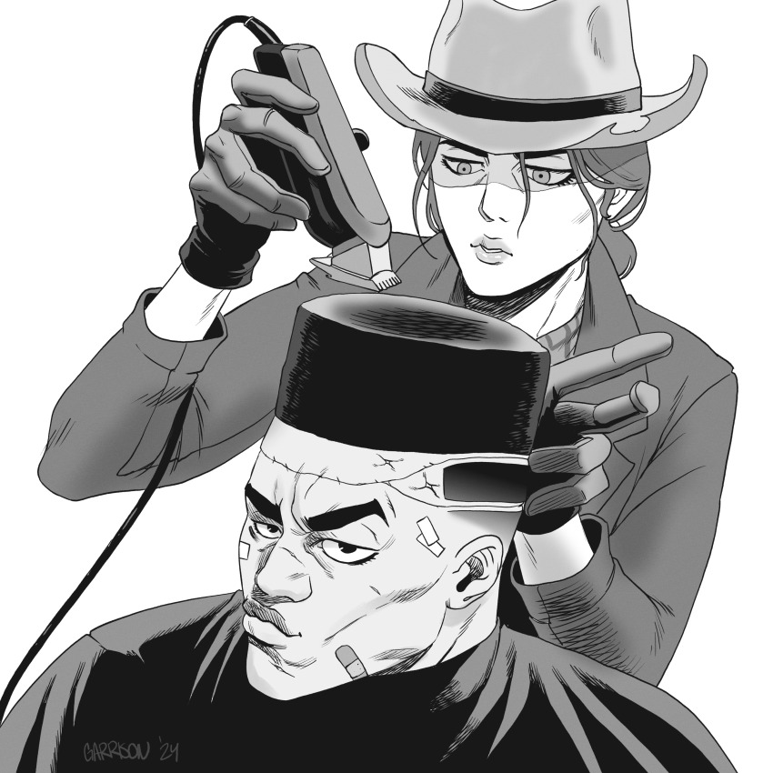 1boy 1girl absurdres bandaid bandaid_on_cheek bandaid_on_face barber_cape choso_giving_toudou_a_haircut_(meme) commentary courier_(fallout:_new_vegas) cowboy_hat decomposedtaco english_commentary fallout fallout:_new_vegas flattop gloves greyscale hair_clipper hat highres holding holding_hair_clipper jacket meme monochrome puckered_lips raised_eyebrow rose_of_sharon_cassidy scar signature smile