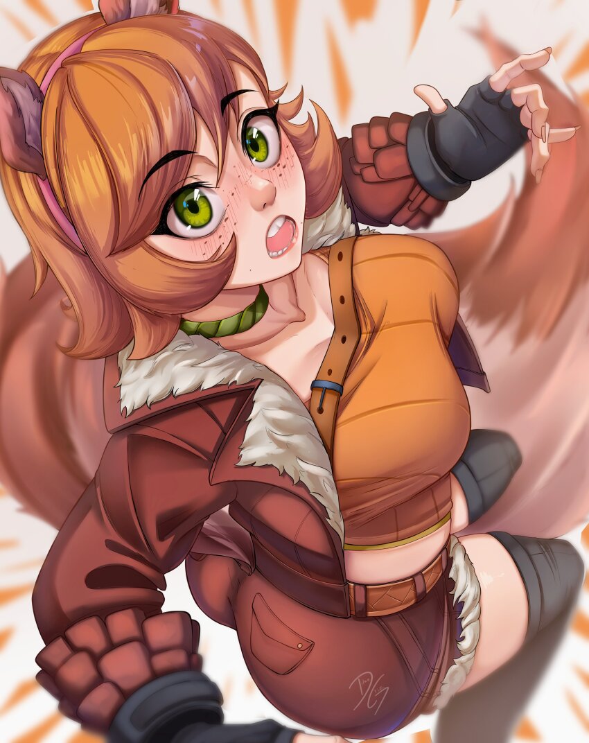 1girl absurdres animal_ears black_gloves breasts brown_hair brown_jacket brown_shorts choker collarbone commentary cowboy_shot crop_top dilan_griz double-parted_bangs english_commentary fingerless_gloves freckles gloves green_choker green_eyes highres jacket large_breasts long_sleeves looking_at_viewer marvel marvel_rivals open_clothes open_jacket open_mouth short_hair short_shorts shorts solo squirrel_ears squirrel_girl squirrel_girl_(marvel) squirrel_tail tail