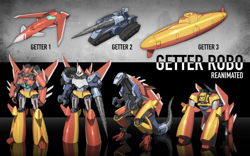aircraft airplane caterpillar_tracks copyright_name drill getter-1 getter-2 getter-3 getter_robo getter_robo_(classic) highres jet kamitoge_supino mecha mecha_focus no_humans orange_eyes redesign robot science_fiction submarine super_robot watercraft yellow_eyes
