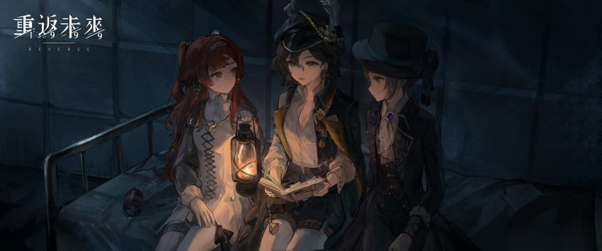 3girls :d ascot black_coat black_hat black_pants black_shorts black_vest boater_hat breasts brown_hair cape checkered_hairband cleavage coat copyright_name cowboy_shot dark dress facing_another gloves green_cape green_eyes green_hat grey_hair hairband hat hat_feather highres holding holding_lantern holding_notebook indoors lantern logo long_hair looking_at_another looking_to_the_side multiple_girls newsboy_cap notebook official_art on_bed open_clothes open_mouth open_vest orange_hair pants pants_under_dress pantyhose profile reading recoleta_(reverse:1999) reverse:1999 shirt short_dress short_hair short_shorts shorts sitting smile sonetto_(reverse:1999) tile_wall tiles turning_head two_side_up vertin_(reverse:1999) very_long_hair vest white_ascot white_dress white_gloves white_pants white_pantyhose white_shirt