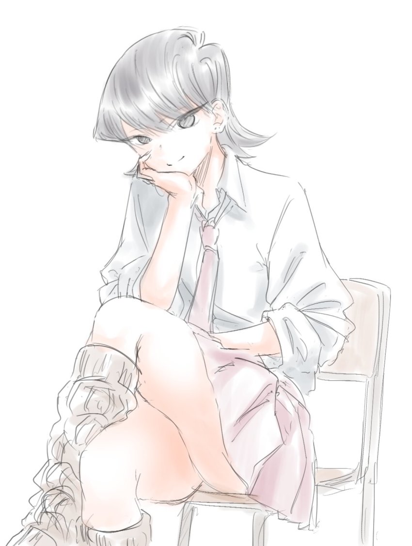 1girl black_eyes black_hair blouse collared_shirt female_focus head_rest highres kneehighs komi-san_wa_komyushou_desu komi_shuuko looking_at_viewer loose_socks miniskirt mitsugu necktie pink_necktie school_uniform shirt short_hair simple_background sitting skirt sleeves_rolled_up smile socks solo thighs white_background white_shirt