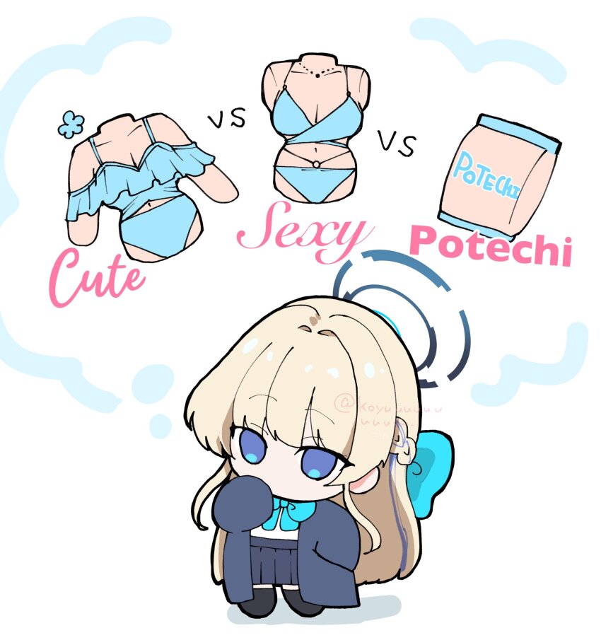 1girl bikini blonde_hair blue_archive blue_bikini blue_eyes blue_halo blue_jacket blue_ribbon chibi chibi_only chips_(food) commentary cropped_torso english_text food halo highres jacket koyuuuuuuuuuuu potato_chips ribbon school_uniform signature skirt swimsuit symbol-only_commentary toki_(blue_archive) toki_(school_uniform)_(blue_archive) torso twitter_username