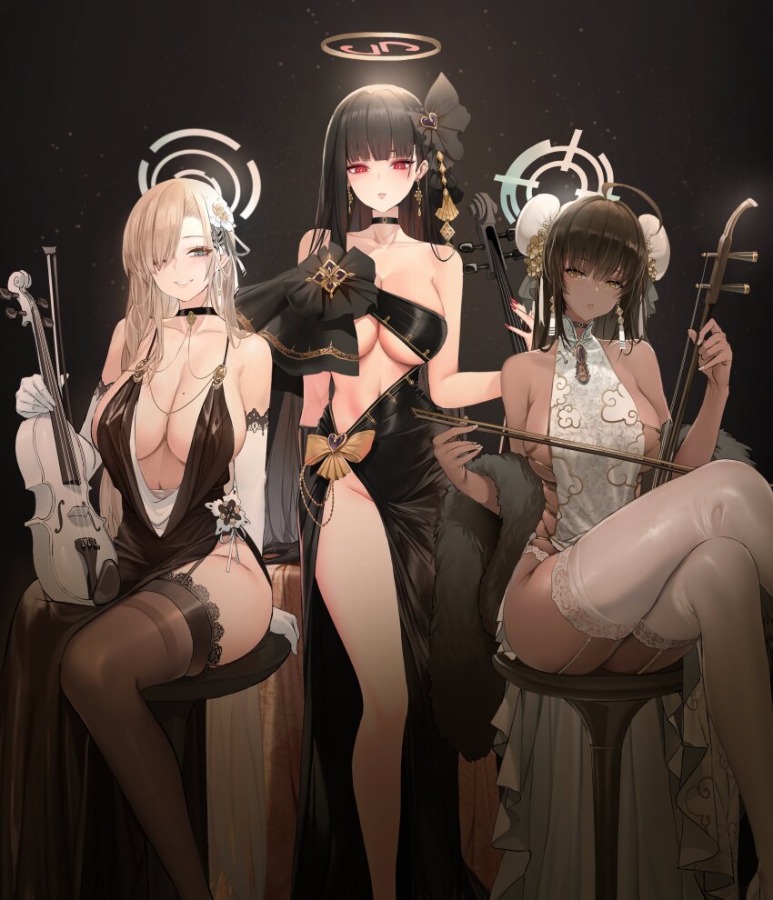 3girls absurdres alternate_costume asuna_(blue_archive) bare_shoulders black_background black_choker black_dress black_garter_straps black_gloves black_hair black_thighhighs blonde_hair blue_archive blue_eyes breasts bun_cover choker cleavage collarbone commentary crossed_legs dark-skinned_female dark_skin dishwasher1910 dress earrings elbow_gloves feet_out_of_frame garter_straps gloves hair_ornament hair_over_one_eye halo highres holding holding_instrument holding_violin instrument jewelry karin_(blue_archive) large_breasts long_hair looking_at_viewer mole mole_on_breast multiple_girls nail_polish navel parted_lips red_eyes red_nails rio_(blue_archive) sideboob sitting smile standing symbol-only_commentary thighhighs thighs underboob violin white_dress white_garter_straps white_gloves white_thighhighs yellow_eyes