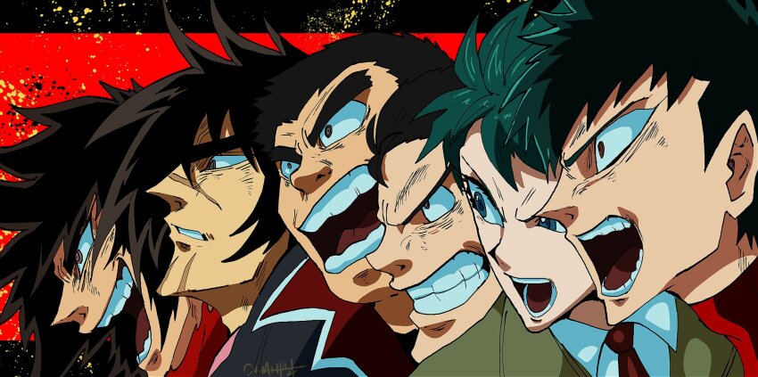 6+boys benkei_kuruma black_hair coat father_and_daughter forte99919 getter_robo glowing_lines green_hair highres jin_hayato male_focus multiple_boys nagare_ryoma red_scarf scar scarf shin_getter_robo shine_spark short_hair sideburns smile trench_coat