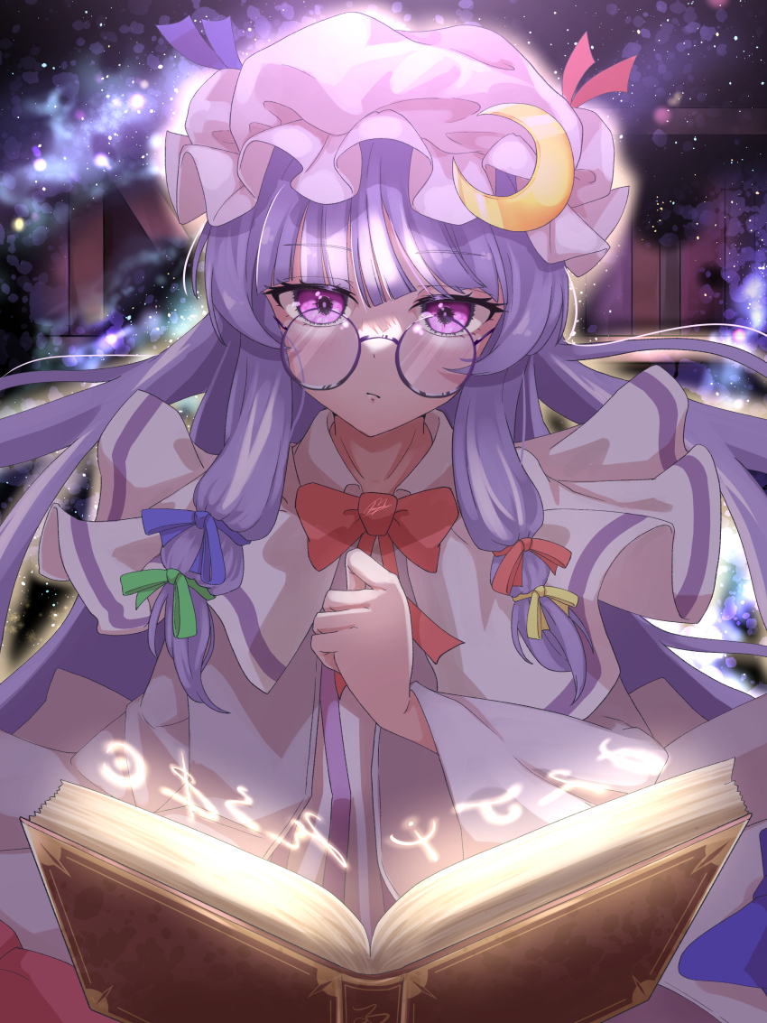 1girl absurdres benjamin_1kt bespectacled blue_ribbon book crescent crescent_hat_ornament dress glasses green_ribbon hair_ribbon hat hat_ornament highres long_hair long_sleeves mob_cap open_book patchouli_knowledge purple_dress purple_eyes purple_hair purple_hat red_ribbon ribbon round_eyewear solo touhou wide_sleeves yellow_ribbon