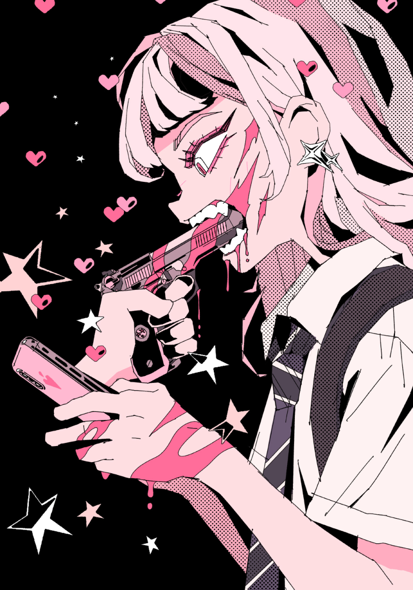 1girl arkestar bag beretta_92 black_background blood blood_on_face cellphone collared_shirt earrings from_side gun halftone handgun heart highres holding holding_gun holding_phone holding_weapon jewelry limited_palette long_hair necktie open_mouth original phone pink_blood pink_eyes profile school_uniform shirt short_sleeves simple_background smartphone solo star_(symbol) star_earrings striped_necktie teeth upper_body weapon white_shirt