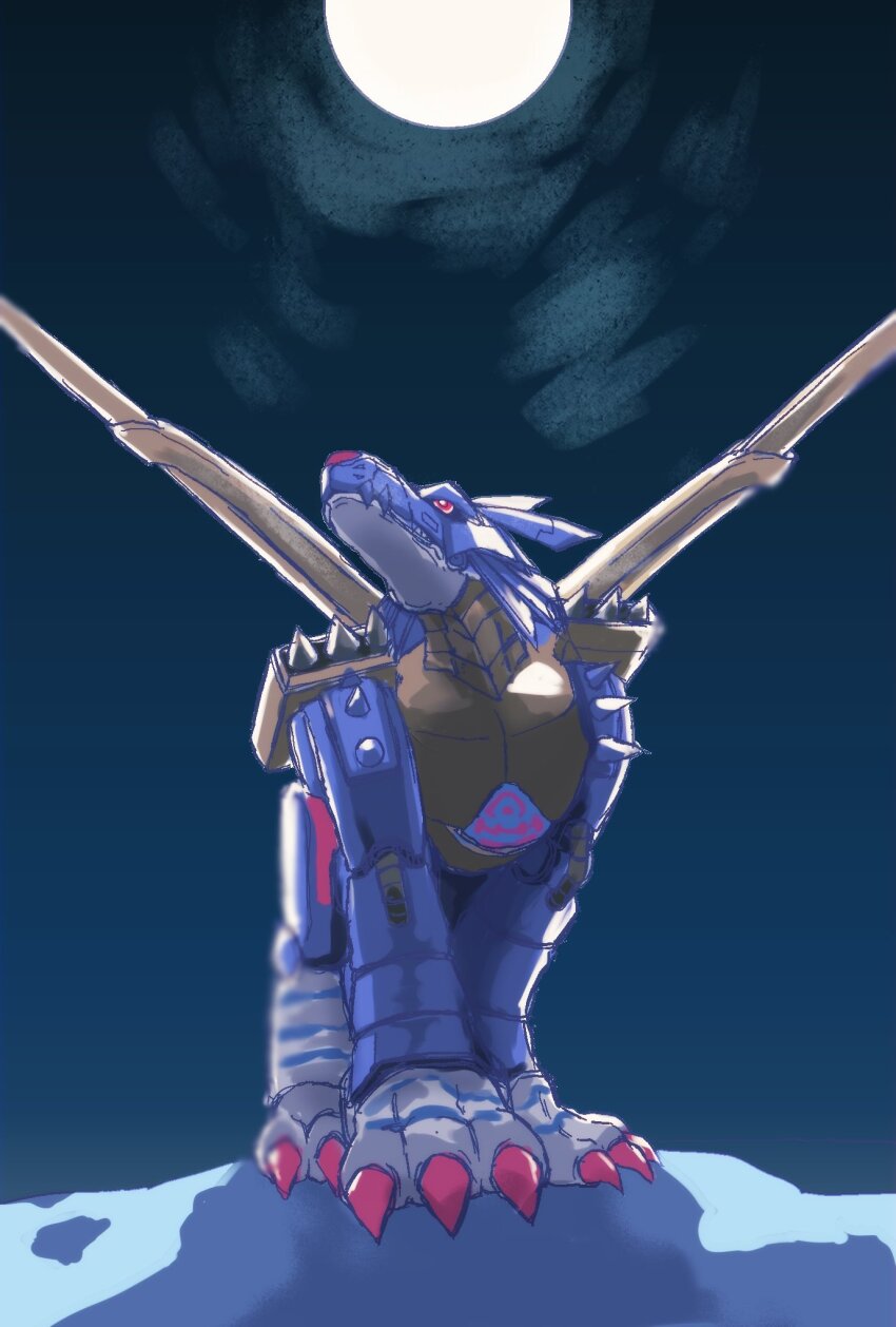 all_fours armor blue_armor cyborg digimon digimon_(creature) full_body full_moon highres mechanical_wings megane_mochi metalgarurumon moon night no_humans non-humanoid_robot red_eyes robot robot_animal shoulder_cannon shoulder_spikes solo spikes wings wolf