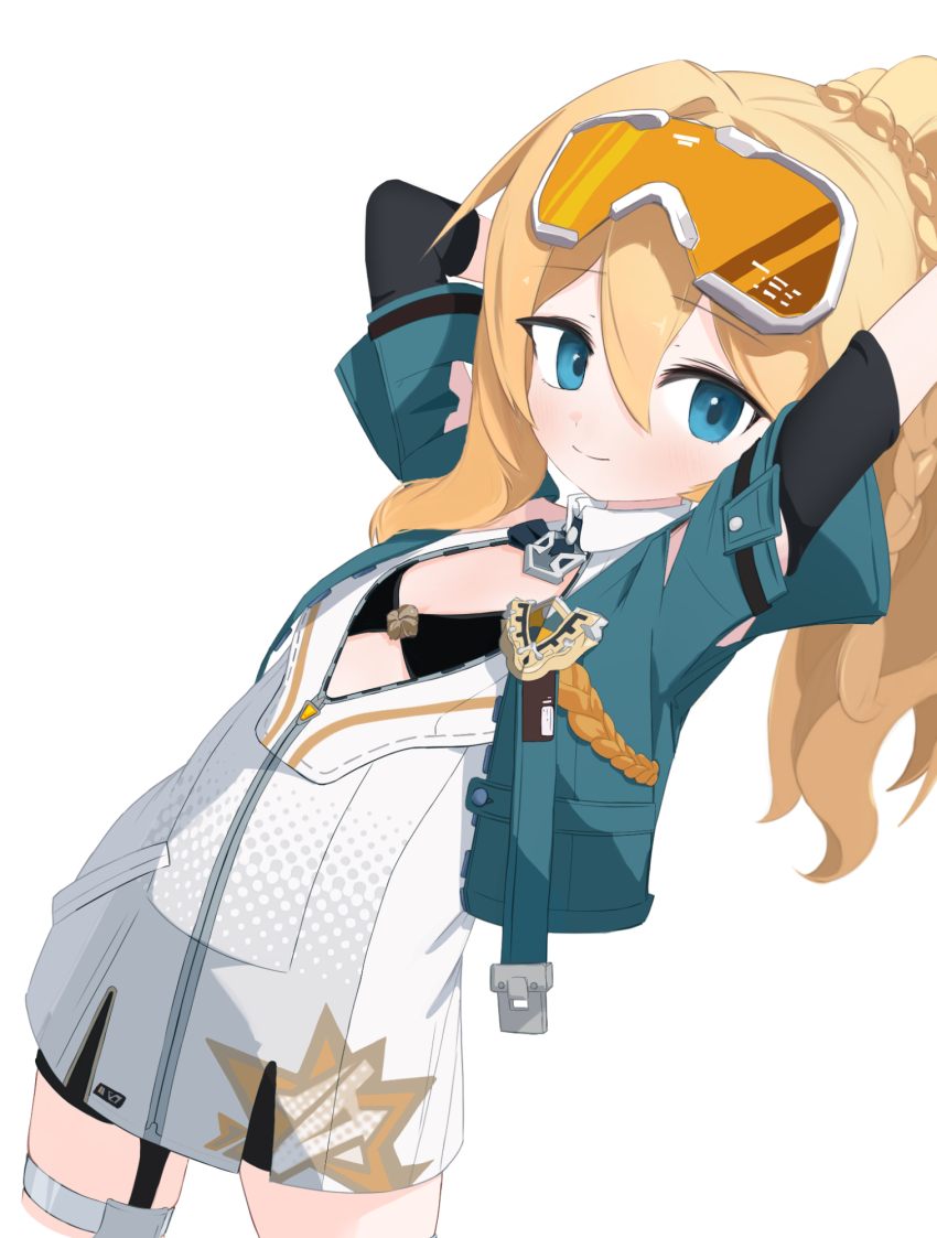 1girl aqua_jacket arms_up black_bra blonde_hair blue_eyes bra closed_mouth commentary dress durandal_(honkai_impact) durandal_(reign_solaris)_(honkai_impact) english_commentary flat_chest goggles goggles_on_head highres honkai_(series) honkai_impact_3rd jacket long_hair looking_at_viewer samate short_sleeves simple_background smile thigh_strap underwear white_background white_dress