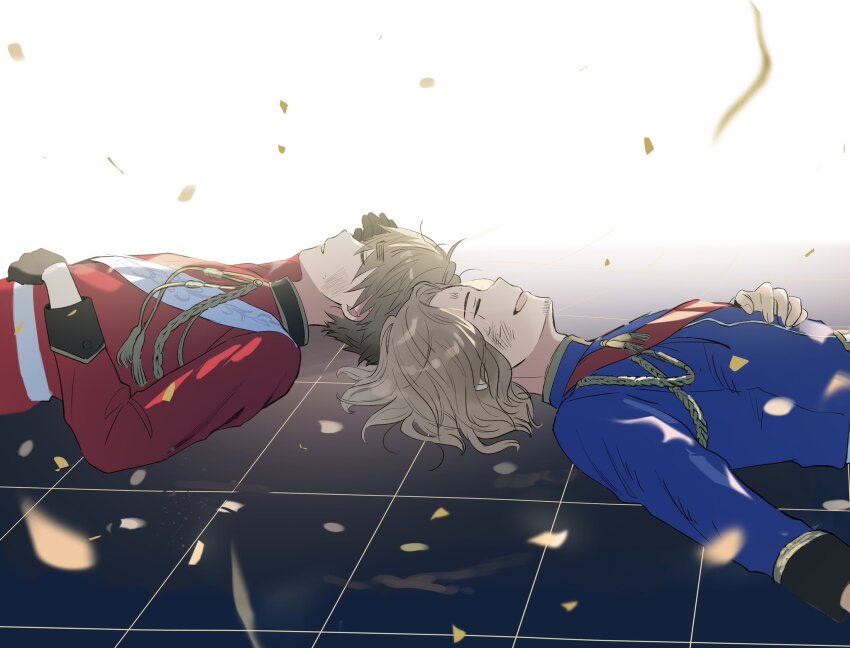 2boys after_fingering axis_powers_hetalia black_gloves blonde_hair blue_jacket closed_eyes commentary_request confetti fingernails floor france_(hetalia) gloves hand_on_own_head hand_on_own_stomach highres jacket long_sleeves lying male_focus military_jacket military_uniform multiple_boys on_back open_mouth petals red_jacket red_sash sash short_hair simple_background smile sweatdrop tassel united_kingdom_(hetalia) white_background white_sash yukinununu