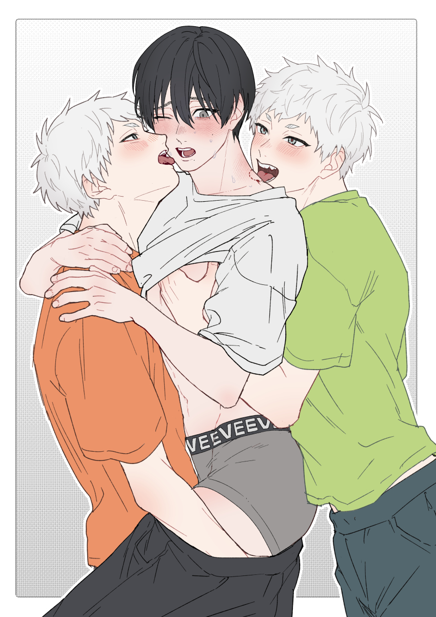 3boys absurdres bite_mark bite_mark_on_neck blood blood_on_teeth blush border boxers clothes_lift commentary_request dual_persona ear_blush from_side green_shirt grey_male_underwear group_sex hand_on_another&#039;s_chest hand_on_another&#039;s_leg highres hikaru_ga_shinda_natsu indou_hikaru indou_hikaru_(human) lifting_another&#039;s_clothes male_focus male_underwear mmm_threesome mole mole_on_cheek mole_under_eye mole_under_mouth multiple_boys multiple_moles navel neck_blush nose_blush one_eye_closed open_mouth orange_shirt outline outside_border shirt shirt_lift short_eyebrows short_hair sono_nu teeth threesome tongue tongue_out tsujinaka_yoshiki underwear undressing_another white_border white_hair white_outline yaoi