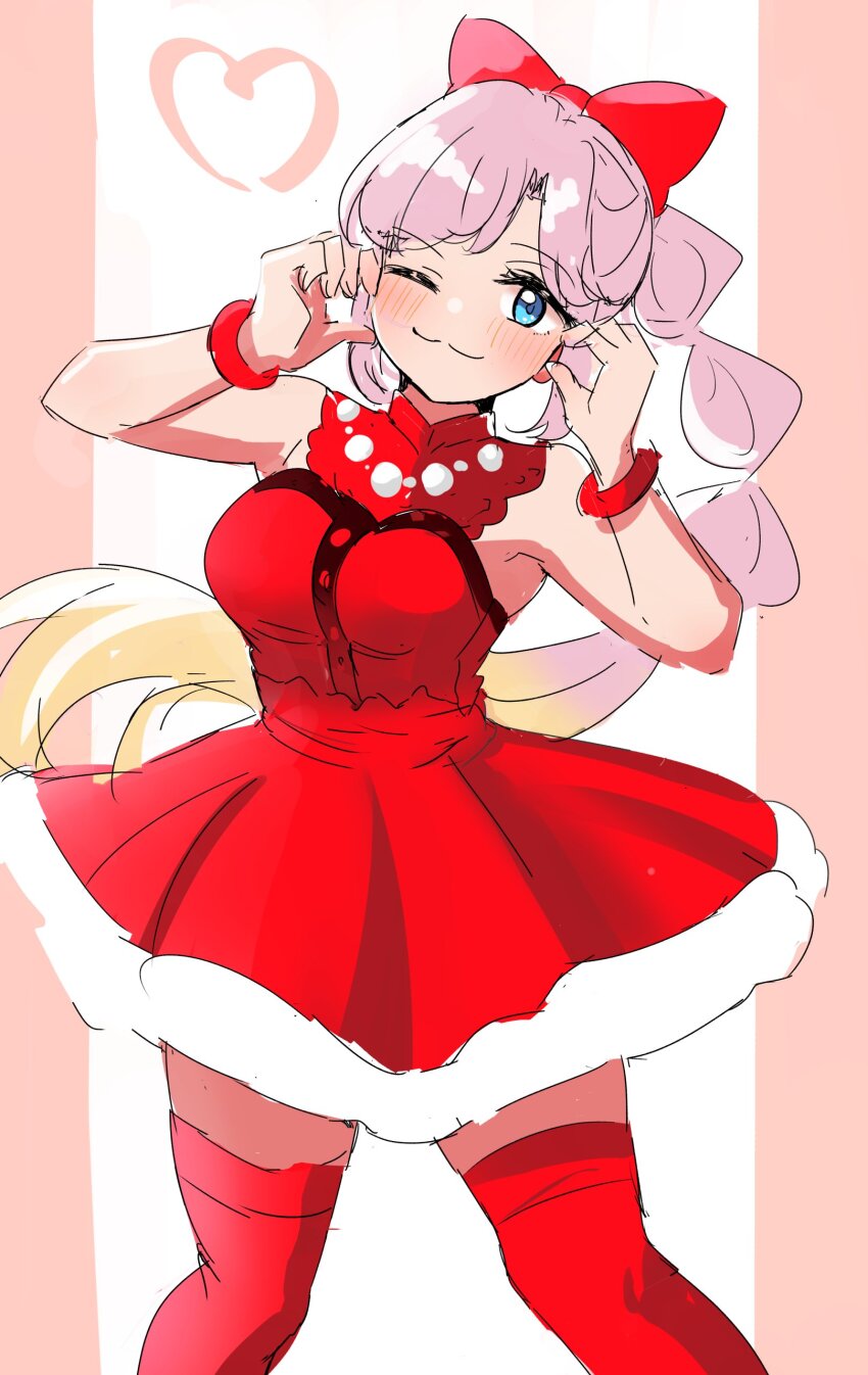 1girl ;3 absurdres anyoji_hime armpit_crease bare_shoulders blue_eyes blush bow breasts closed_mouth commentary do!_do!_do!_(love_live!) dress ereka hair_bow hands_on_own_cheeks hands_on_own_face heart heart_hands highres link!_like!_love_live! long_hair looking_at_viewer love_live! medium_breasts multi-tied_hair official_alternate_costume one_eye_closed outside_border pillarboxed pink_hair ponytail red_bow red_dress red_thighhighs short_dress sidelocks simple_background sleeveless sleeveless_dress smile solo split_mouth thighhighs virtual_youtuber white_background zettai_ryouiki