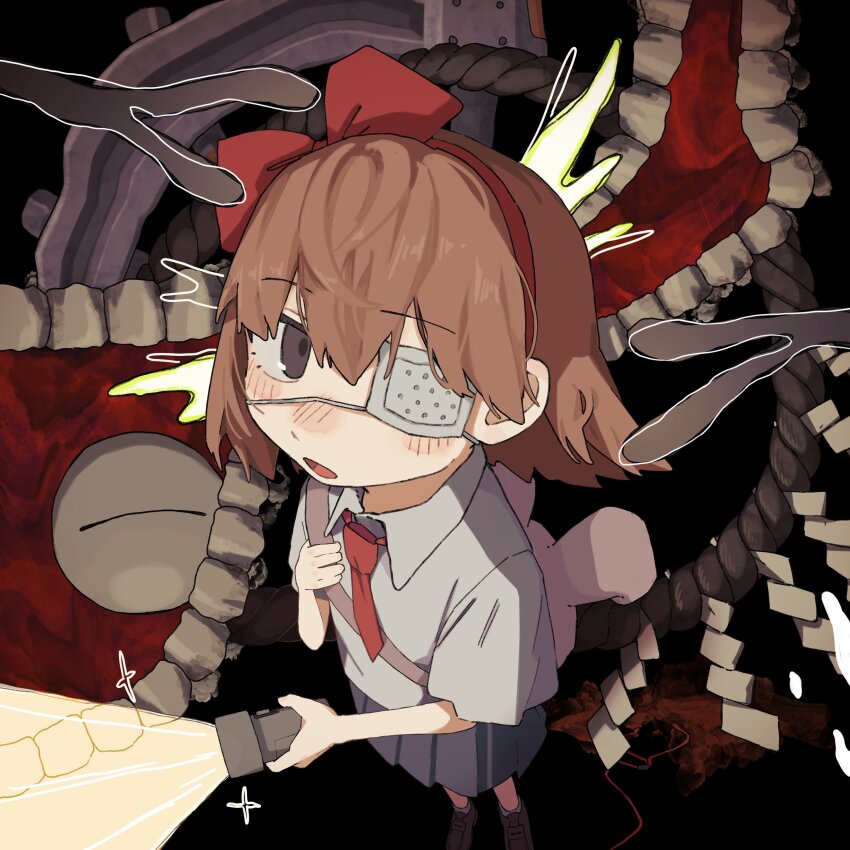 1girl absurdres bag black_background black_eyes black_skirt blush branch brown_hair collared_shirt disembodied_mouth eyepatch flashlight foreshortening from_above guard_rail hairband highres holding holding_flashlight looking_at_viewer looking_up medical_eyepatch monster nanoni! necktie pleated_skirt protagonist_(yomawari) red_hairband red_necktie rope shide shimenawa shirt shoes short_hair shoulder_bag simple_background skirt solo sparkle standing white_shirt yomawari yomawari_(series)