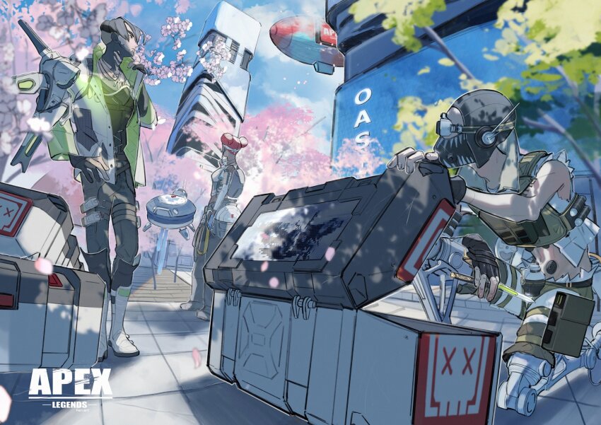 1girl 2boys aircraft apex_legends aviator_cap balisong black_gloves black_hair black_hat black_pants black_vest boots butterfly_knife_(apex_legends) cherry_blossoms copyright_name crypto_(apex_legends) d.o.c._health_drone death_box_(apex_legends) dirigible double_bun gloves goggles hack_(apex_legends) hair_bun hat highres in-universe_location jewelry knife lifeline_(apex_legends) looking_up mask mouth_mask multiple_boys necklace non-humanoid_robot octane_(apex_legends) olympus_(apex_legends) open_hand pants partially_fingerless_gloves red_hair robot tree vest watashida white_footwear