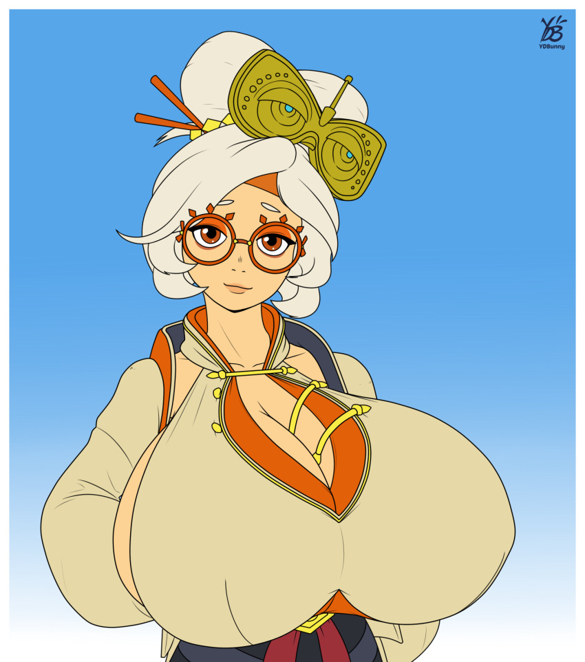 1girl breasts cleavage eyeshadow female_focus flat_color glasses highres huge_breasts long_hair looking_at_viewer makeup nintendo purah red_eyes sideboob simple_background solo the_legend_of_zelda the_legend_of_zelda:_tears_of_the_kingdom updo upper_body white_hair ydbunny