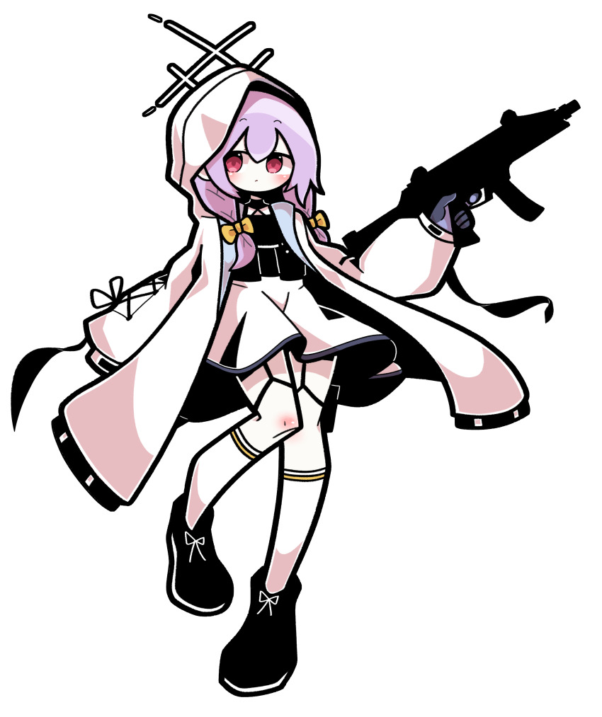 1girl absurdres atsuko_(blue_archive) baek_ban black_shirt black_shoes blue_archive bow coat commentary foot_up full_body gun hair_bow highres holding holding_gun holding_weapon hood hood_up hooded_coat long_sleeves low-tied_sidelocks open_clothes open_coat purple_hair red_eyes shirt shoes sidelocks simple_background skirt socks solo tachi-e weapon white_background white_coat white_skirt white_socks yellow_bow