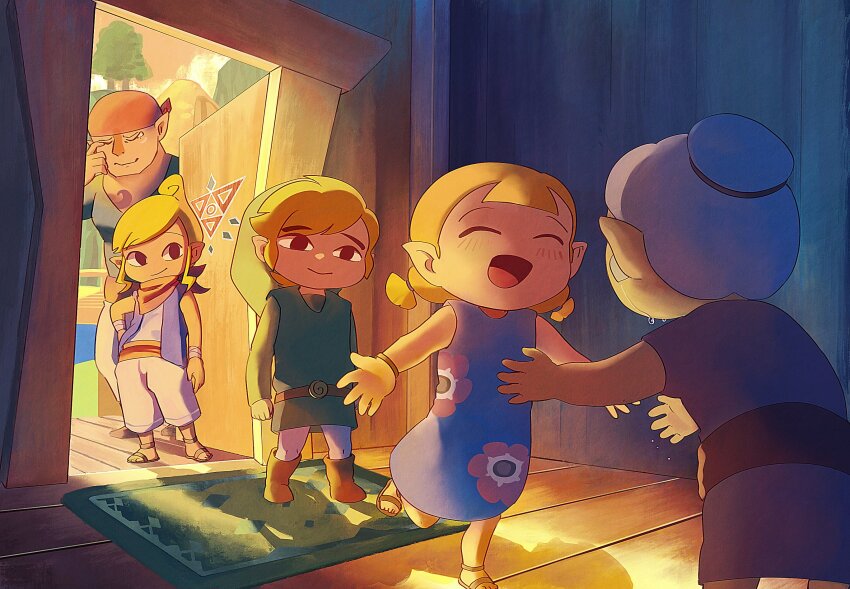 2boys 3girls aryll black_eyes blonde_hair blue_dress blush brother_and_sister dark-skinned_female dark_skin dress gonzo_(zelda) grandma green_hat green_tunic hat highres incoming_hug indoors link link&#039;s_grandma multiple_boys multiple_girls nasagina nintendo open_door pirate pointy_ears red_scarf scarf shadow siblings sleeveless sleeveless_dress tearing_up tetra the_legend_of_zelda the_legend_of_zelda:_the_wind_waker toon_link tunic