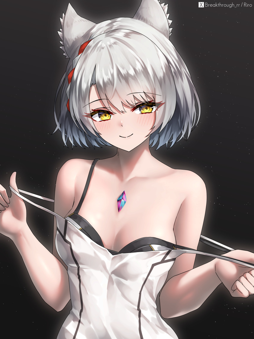 1girl absurdres animal_ear_fluff animal_ears artist_name bare_arms bare_shoulders bilingual_commentary black_bra bra breasts camisole cat_ears cat_girl chest_jewel closed_mouth collarbone commentary completion_time dark_background highres looking_at_viewer mio_(xenoblade) mixed-language_commentary pulling_own_clothes riro_(breakthrough_rr) short_hair small_breasts smile solo strap_pull twitter_x_logo underwear upper_body white_camisole xenoblade_chronicles_(series) xenoblade_chronicles_3 yellow_eyes