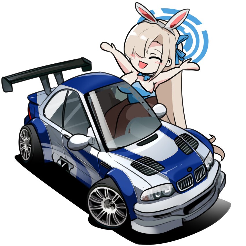 1girl ^_^ absurdres animal_ears asuna_(blue_archive) asuna_(bunny)_(blue_archive) black_pantyhose blonde_hair blue_archive blue_bow blue_leotard blue_ribbon blush bmw bmw_3_series bmw_e46 bmw_m3 bmw_m3_gtr bow breasts car cleavage closed_eyes detached_collar fake_animal_ears hair_behind_ear hair_over_one_eye hair_ribbon halo highres holeecrab large_breasts leotard motor_vehicle need_for_speed need_for_speed:_most_wanted_(2005) open_hands pantyhose rabbit_ears ribbon shadow simple_background sitting smile solo spoiler_(automobile) sports_car vehicle_focus white_background