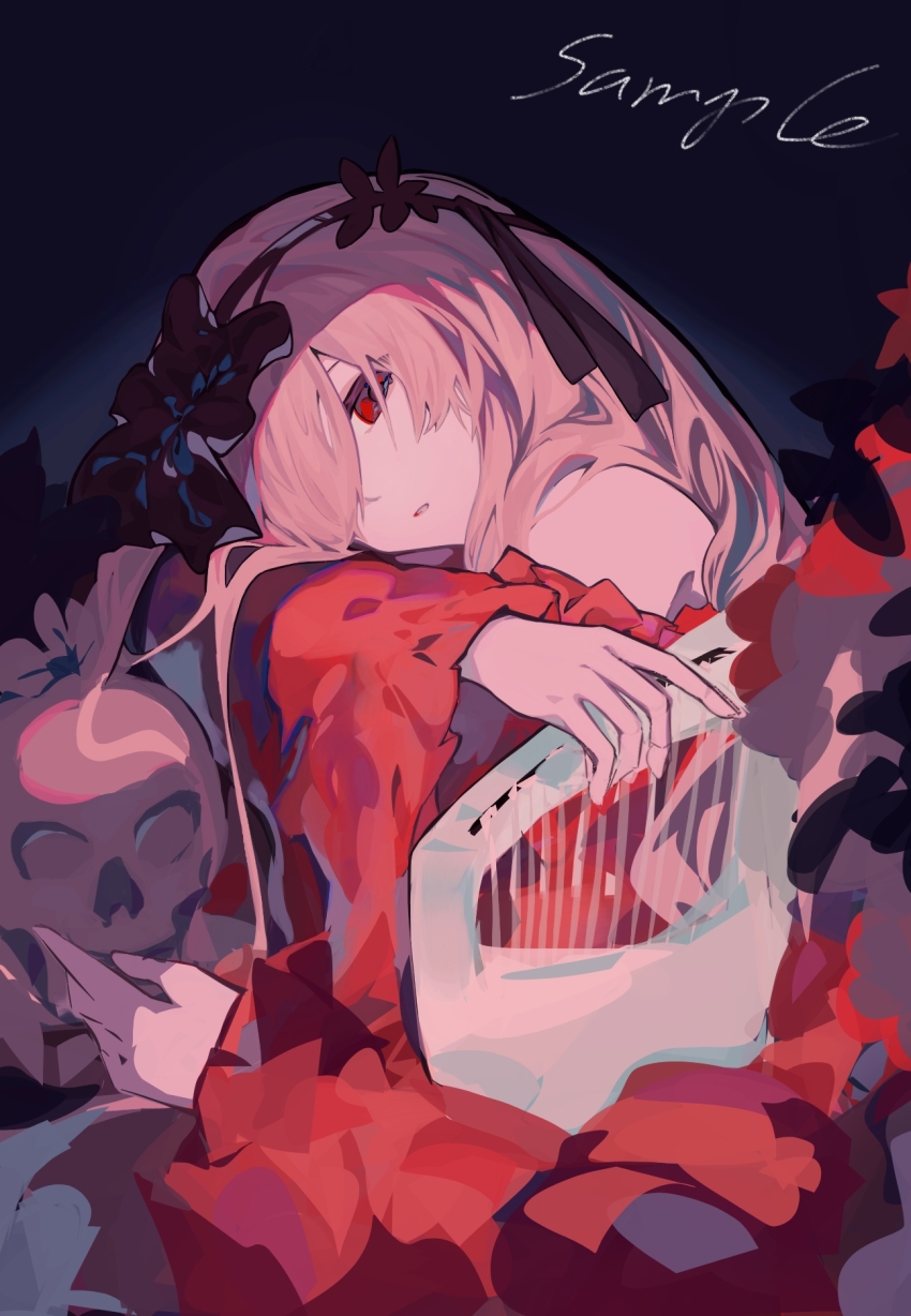 1girl arknights bare_shoulders detached_sleeves dress hair_between_eyes hair_ribbon harp highres holding instrument long_hair looking_at_viewer off-shoulder_dress off_shoulder official_alternate_costume red_dress red_eyes ribbon sample_watermark simple_background skadi_(arknights) skadi_the_corrupting_heart_(arknights) skull solo user_kkkx2225 watermark white_hair