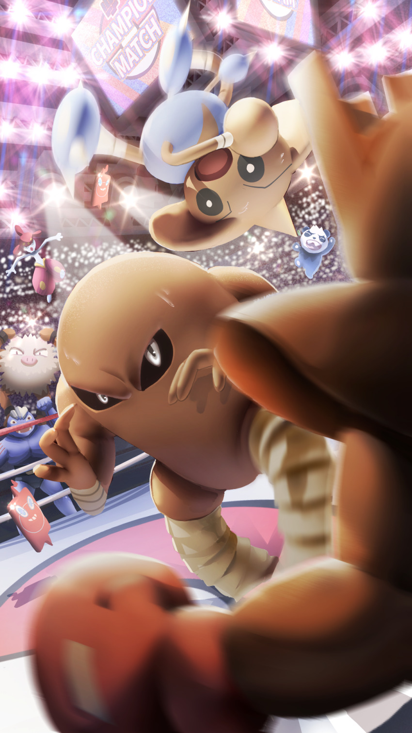 boxing_ring cellphone closed_eyes commentary_request creatures_(company) crowd english_text fangs game_freak gen_1_pokemon gen_2_pokemon gen_3_pokemon gen_4_pokemon gen_6_pokemon highres hitmonchan hitmonlee hitmontop jumbotron machoke medicham midair miyagawa_(maxggguys) motion_blur nintendo open_mouth pancham phone poke_ball_symbol pokemon pokemon_(creature) pokemon_focus primeape rotom rotom_phone smartphone smile stadium stadium_lights sweat teeth upper_teeth_only