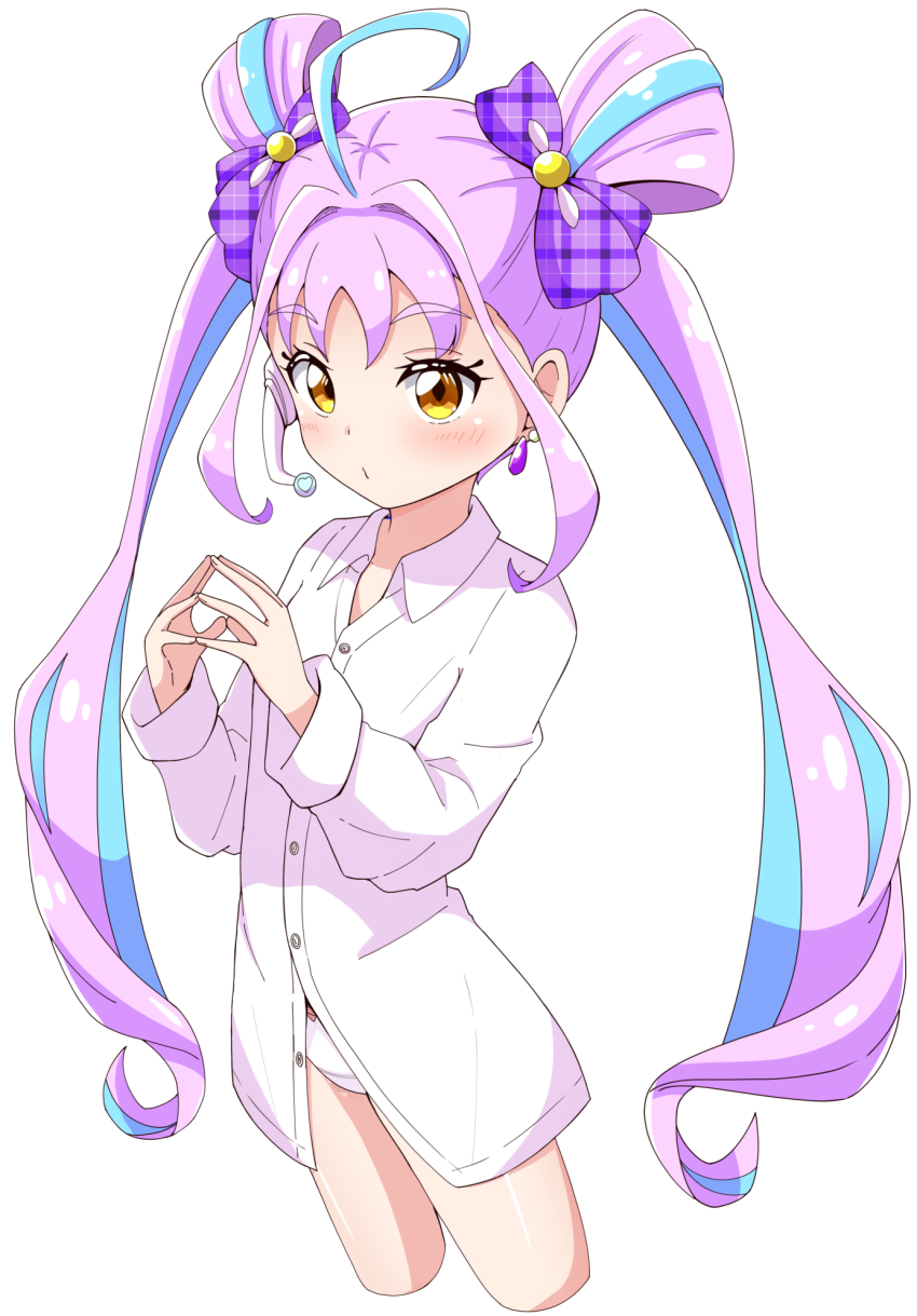 1girl ahoge aikawa_ryou blue_hair bow bow_panties closed_mouth collared_shirt commentary_request cropped_legs cure_kyunkyun earrings highres jewelry kimi_to_idol_precure long_sleeves looking_at_viewer multicolored_hair paid_reward_available panties precure purple_hair shigure_kokoro shirt simple_background solo steepled_fingers streaked_hair twintails underwear variant_set white_background white_panties white_shirt yellow_eyes