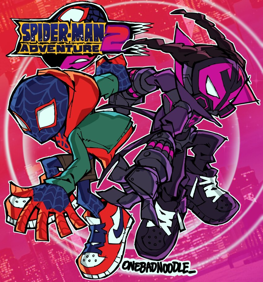 2boys artist_name back-to-back building commentary dreadlocks english_commentary highres hood hoodie male_focus marvel miles_g._morales miles_morales multiple_boys new_york_city parody prowler_(marvel) skyscraper sonic_(series) sonic_adventure_2 spider-man:_across_the_spider-verse spider-man_(series) spider-verse spoilers superhero_costume the_noodle_(onebadnoodle) title_parody two-tone_bodysuit