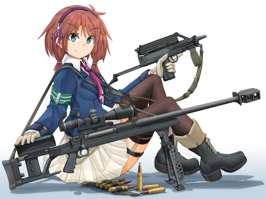 .50_bmg .50_bmg_api-t_m20 .50_bmg_api_m8 .50_bmg_ball_m2 .50_bmg_incendiary_m23 .50_bmg_raufoss_mk_211_heiap 1girl ammunition anti-materiel_cartridge anti-materiel_rifle aqua_eyes ar-50 armalite armband armor-piercing_ammunition black_boots black_thighhighs blouse blue_hairband blue_jacket boots brown_hair bullet calico_light_weapons_systems calico_m950 closed_eyes commentary commentary_request dress_shirt english_commentary frankford_arsenal full_metal_jacket_(ammunition) gloves green_armband gun hair_tie hairband handgun helical_magazine high-explosive_cartridge high-explosive_incendiary_armor-piercing_ammunition highres hmg_cartridge holding holding_gun holding_weapon horizontal_magazine incendiary_ammunition jacket legwear_garter long_sleeves looking_at_viewer low_twintails mac-10/11 machine_pistol magnum_cartridge match_grade match_grade_ammunition match_grade_firearm match_grade_rifle medium_hair mikeran_(mikelan) military_cartridge miniskirt necktie original pistol pleated_skirt purple_necktie rifle rifle_cartridge school_uniform scope shadow shirt sitting skirt smile sniper_rifle solo stock_(firearm) submachine_gun supersonic_ammunition telescoping_stock thigh_strap thighhighs tracer_ammunition trigger_discipline twintails vertical_forward_grip weapon white_background white_gloves white_shirt white_skirt winchester_repeating_arms_company wing_collar