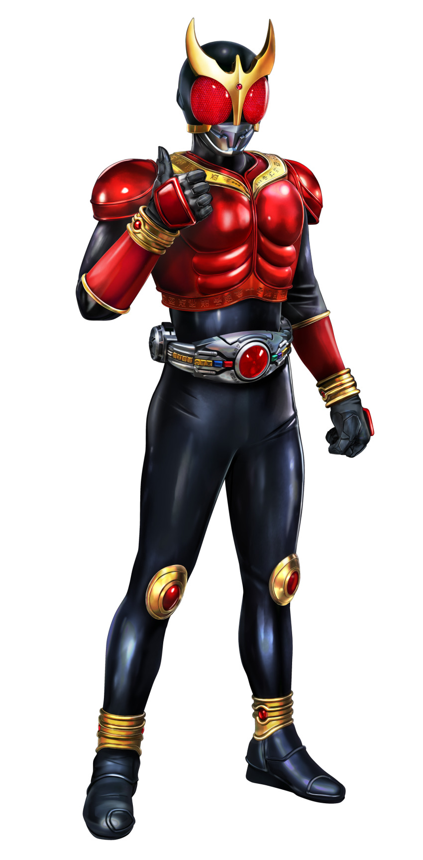 1boy absurdres arcle_(kuuga) armor black_bodysuit bodysuit full_body hand_grab highres kamen_rider kamen_rider_kuuga kamen_rider_kuuga_(mighty_form) kamen_rider_kuuga_(series) masukudo_(hamamoto_hikaru) red_armor red_eyes rider_belt simple_background solo standing thumbs_up tokusatsu white_background