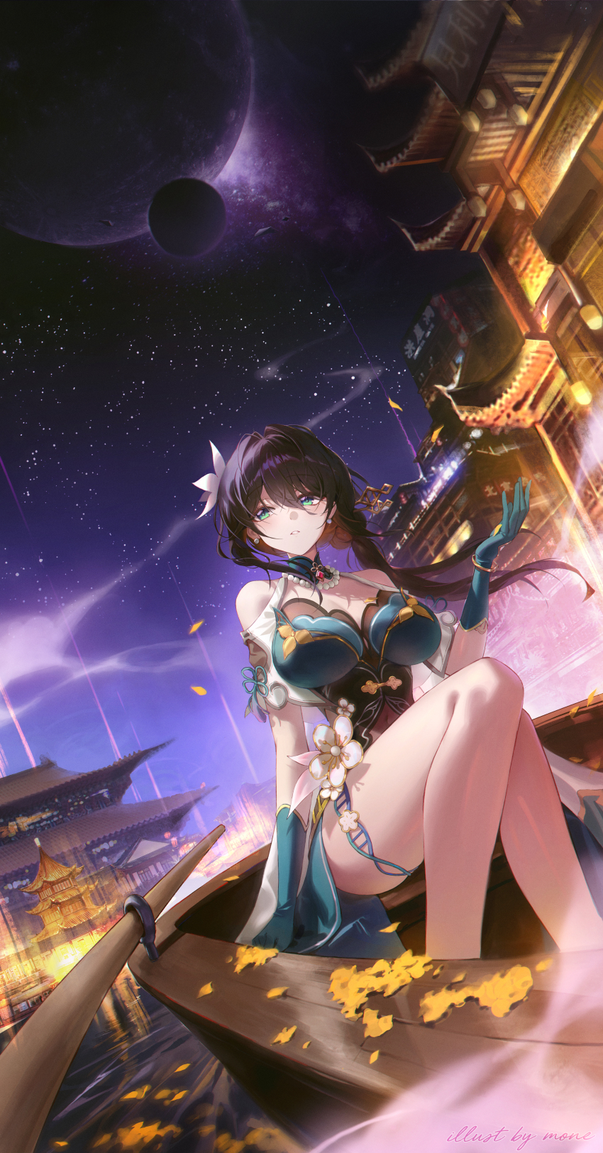 1girl absurdres aqua_collar aqua_dress aqua_eyes aqua_gloves architecture bare_shoulders black_hair boat breasts clothing_cutout commentary dna double_helix dress earrings east_asian_architecture gloves hand_up highres honkai:_star_rail honkai_(series) jewelry jinbin825 large_breasts long_hair looking_at_viewer necklace night night_sky on_boat parted_lips pearl_earrings pearl_necklace ruan_mei_(honkai:_star_rail) shoulder_cutout sitting sky solo thighs watercraft