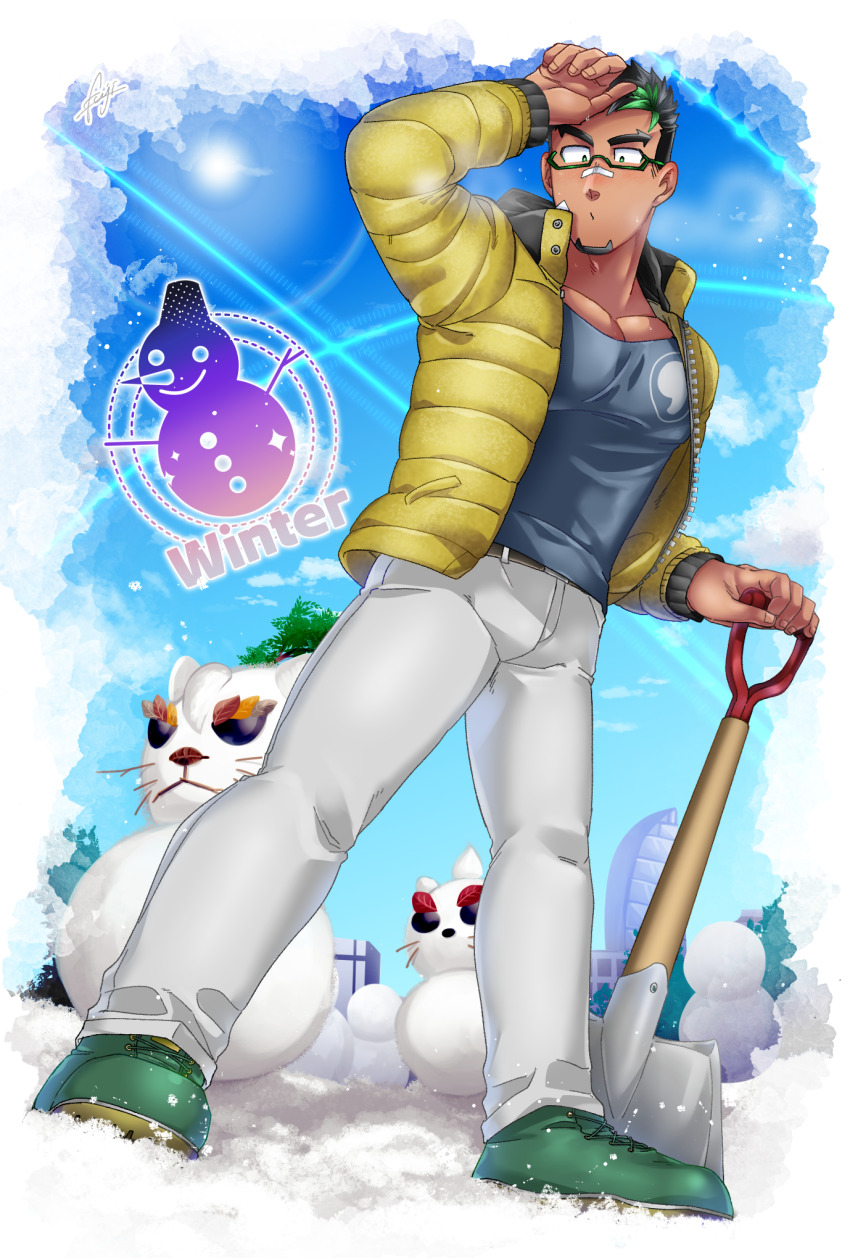 1boy alternate_costume bandaid bandaid_on_face bandaid_on_nose bara blue_shirt denim facial_hair fujishima_kazuya full_body glasses goatee green_hair grey_pants highres jacket jeans kyoichi_(live_a_hero) live_a_hero male_focus multicolored_hair muscular muscular_male open_clothes open_jacket pants pectoral_cleavage pectorals shirt shoes short_hair sideburns sneakers snow snowman solo spade streaked_hair thick_eyebrows white_pants