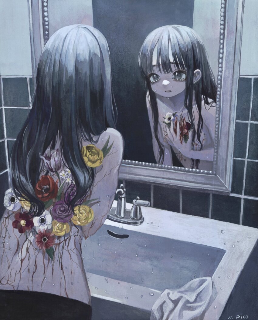 1girl bags_under_eyes black_hair breasts daisy faucet flower from_behind highres indoors leaning_forward long_hair looking_at_reflection mirror monou_pico original parted_lips plant_roots purple_flower purple_rose reflection rose signature small_breasts solo sweat tile_wall tiles topless_female traditional_media wet white_flower yellow_flower yellow_rose