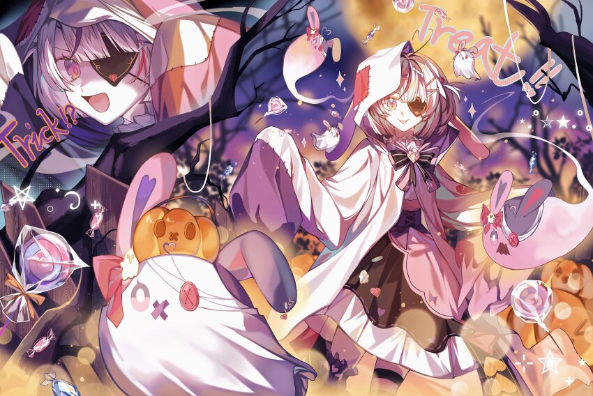 1girl :d :p absurdres candy chapret10 eyepatch food full_moon ghost halloween highres hood hood_up jack-o&#039;-lantern lollipop long_sleeves looking_at_viewer maria_marionette marippet_(maria_marionette) medium_hair moon multiple_views night nijisanji nijisanji_en open_mouth pink_eyes pink_hair sleeves_past_fingers sleeves_past_wrists smile tongue tongue_out trick_or_treat virtual_youtuber