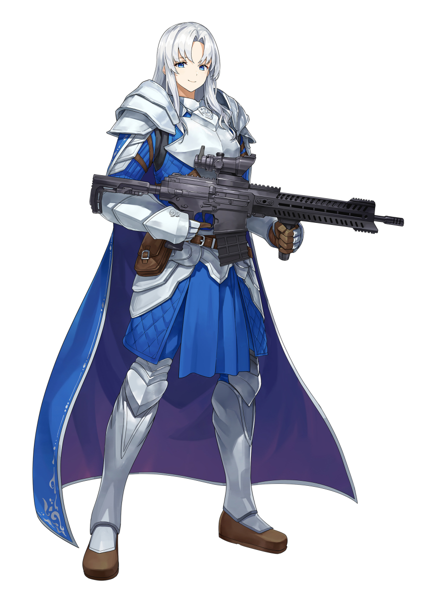 1girl absurdres anachronism armor assault_rifle blue_cape blue_eyes breastplate brown_gloves cape commission faulds full_body gambeson gauntlets gloves greaves gun highres knight looking_at_viewer mytea_(soso) original pauldrons pelvic_curtain plate_armor rerebrace rifle shoulder_armor skeb_commission smile solo standing weapon white_background white_hair