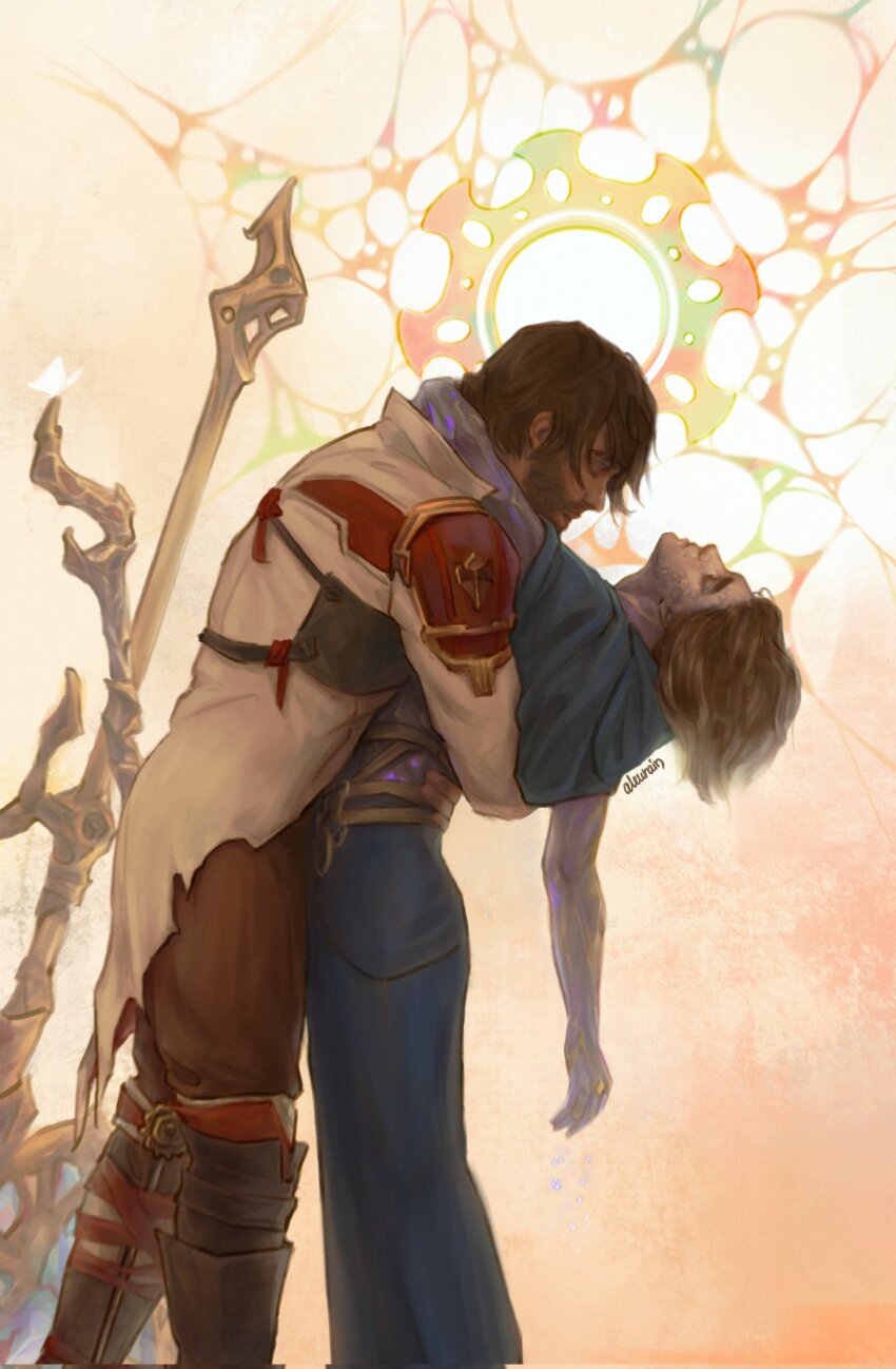 2boys adam&#039;s_apple aleurain arcane:_league_of_legends arcane_survivor_jayce arm_around_neck armor beard blue_robe boots brown_pants closed_eyes collared_jacket colored_skin commentary english_commentary facial_hair feet_out_of_frame head_back highres holding jacket jayce_(league_of_legends) league_of_legends male_focus material_growth multiple_boys ornate_weapon pants pauldrons popped_collar robe shoulder_armor signature single_pauldron torn_clothes torn_jacket viktor_(arcane) viktor_(league_of_legends) weapon white_jacket yaoi