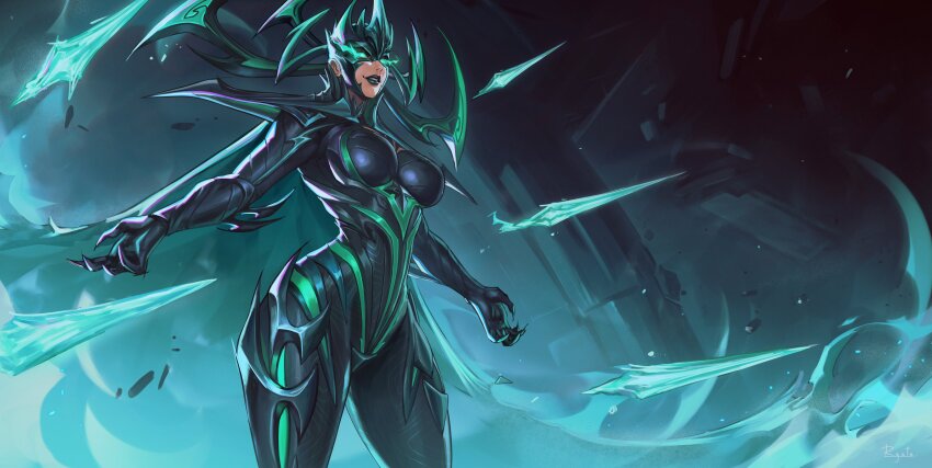 absurdres bodysuit cowboy_shot flaming_eyes floating floating_object floating_weapon glowing glowing_eyes hela_(marvel) helmet highres horns marvel marvel_rivals outstretched_arms rgate spread_arms