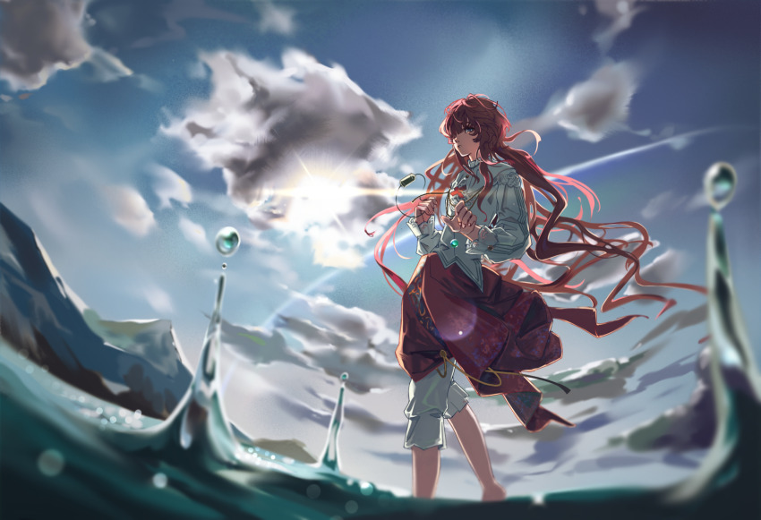 1girl blue_eyes blue_sky cloud cloudy_sky day feet_out_of_frame fisheye floating_hair from_below from_side hair_over_one_eye highres lens_flare long_hair low_twintails luojia_ying mountain one_eye_covered outdoors pants pants_under_skirt red_hair red_skirt reverse:1999 shirt skirt sky soaking_feet solo sun twintails very_long_hair water water_drop white_pants white_shirt yenisei_(reverse:1999)