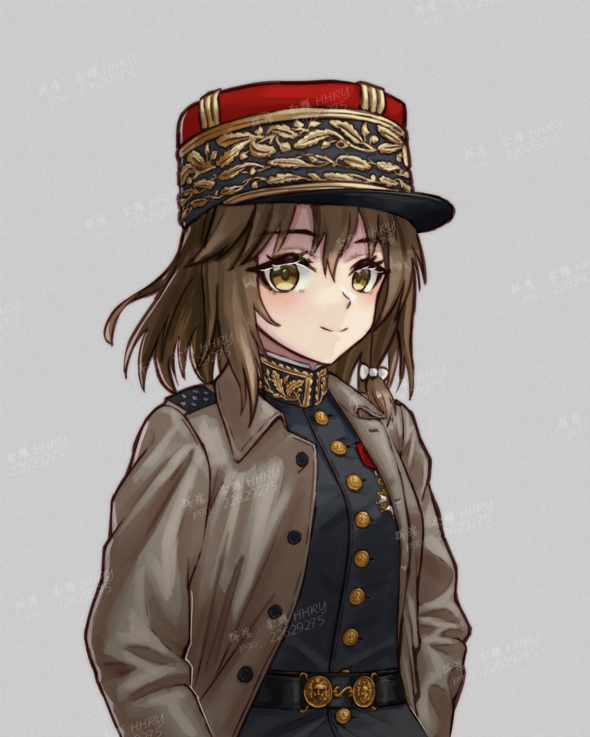 1girl belt breasts brown_eyes brown_hair coat epaulettes france french_army hat highres huihuang_rongyao looking_at_viewer medium_breasts military military_uniform original peaked_cap