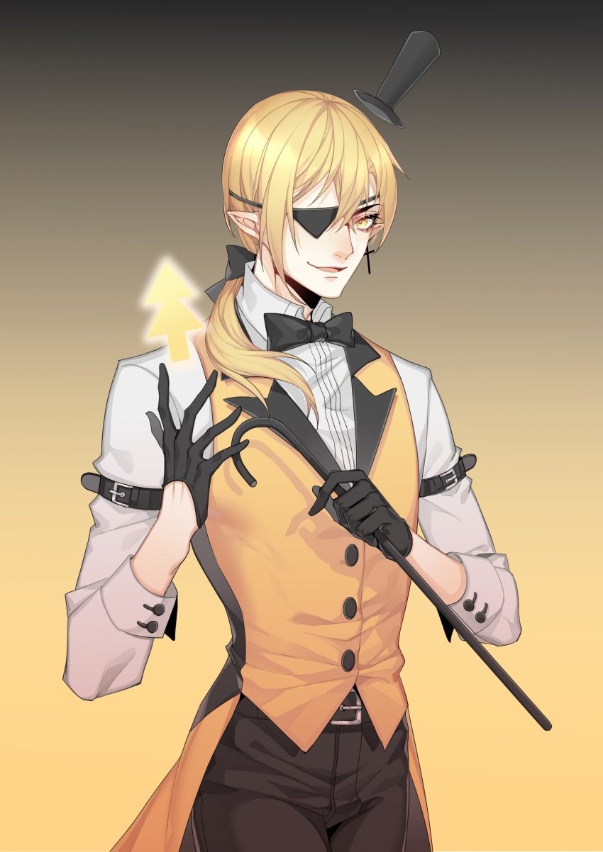 1boy absurdres arm_belt belt bill_cipher black_bow black_bowtie black_gloves black_hat black_pants blonde_hair bow bowtie cane collared_shirt cowboy_shot cross cross_earrings earrings eyepatch gloves glowing gradient_background gravity_falls hair_bow hair_over_shoulder hands_up hat highres holding holding_cane jewelry long_hair long_sleeves low_ponytail male_focus mini_hat mini_top_hat one_eye_covered pants personification pointy_ears ponytail reverse_falls_(gravity_falls) rjun1431 shirt single_earring smirk solo top_hat traditional_bowtie vest yellow_background yellow_eyes yellow_theme yellow_vest