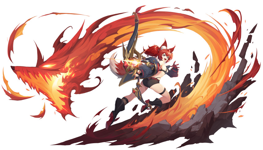 1girl :d absurdres animal_ear_fluff animal_ears bare_shoulders black_boots black_jacket black_shorts boots bow_(weapon) breasts crop_top fang faux_figurine fire fire_elemental floating_rock full_body glint gloves grey_eyes ground_shatter high_heels highres holding holding_bow_(weapon) holding_weapon jacket jeremiah_(rememento) leg_up long_hair midriff monster off_shoulder official_art open_mouth panty_straps ponytail red_gloves red_hair red_tail rememento:_white_shadow running shirt short_shorts shorts single_glove sleeveless sleeveless_shirt small_breasts smile solo thigh_strap tongue transparent_background v-shaped_eyebrows weapon