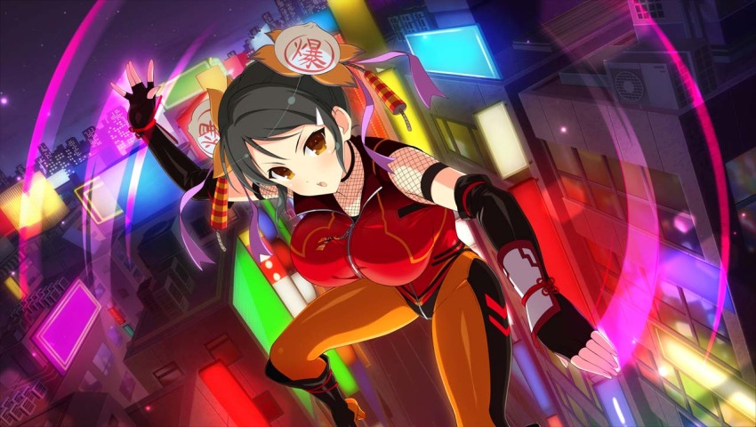 1girl steamed_bun baozi_hair_ornament billboard blush breasts brown_eyes building city city_lights cityscape fingerless_gloves fingernails firecrackers fishnet_top fishnets food food-themed_hair_ornament gloves hair_ribbon high_heels jumpsuit large_breasts looking_at_viewer meimei_(senran_kagura) neon_lights night night_sky official_art outdoors purple_ribbon ribbon rooftop senran_kagura senran_kagura_new_link senran_kagura_new_wave sky skyline skyscraper star_(sky) starry_sky yaegashi_nan