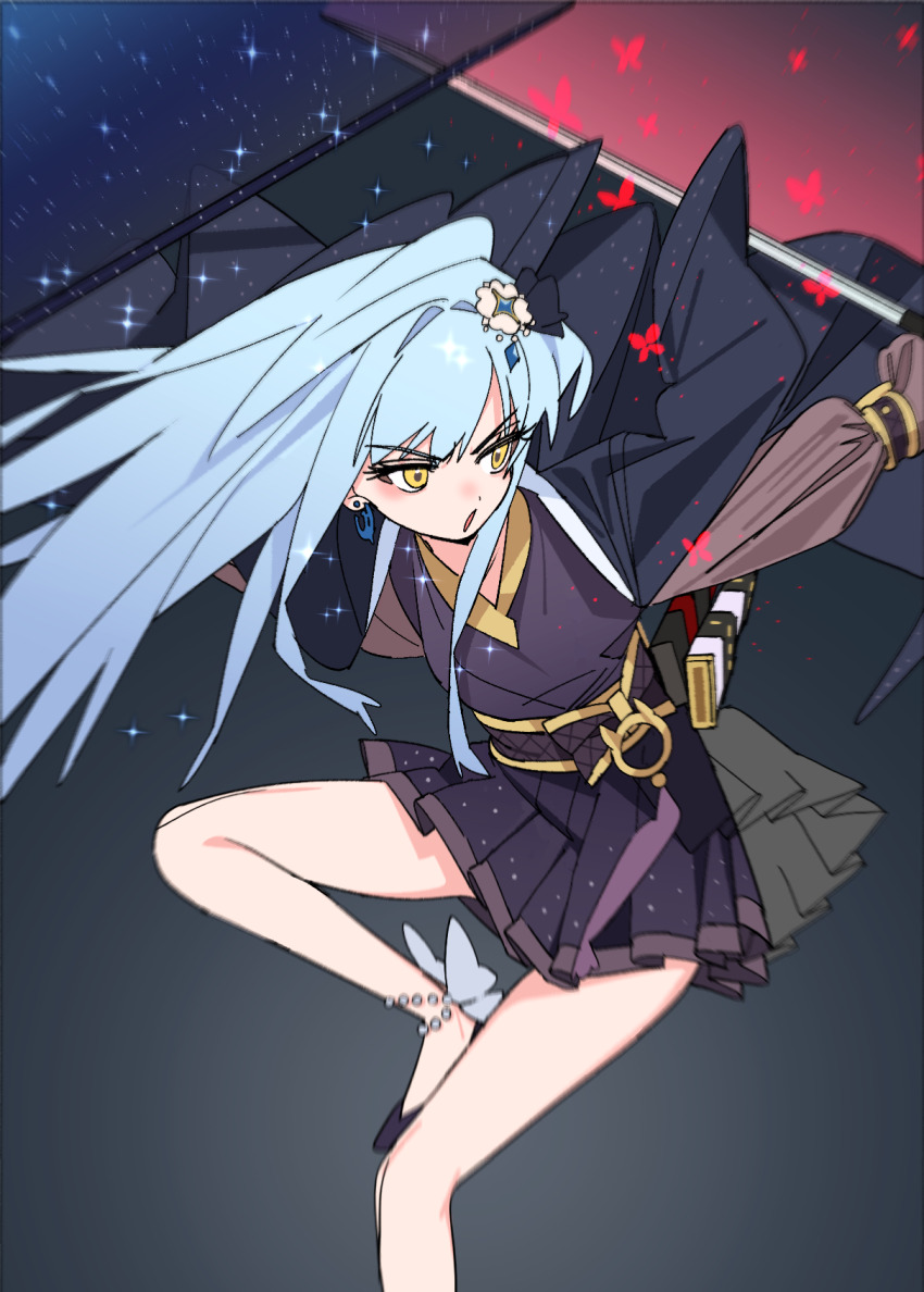 1girl biryu_soso blue_hair hair_ornament hairpin highres korean_clothes long_hair non-web_source original see-through_clothes see-through_sleeves yellow_eyes