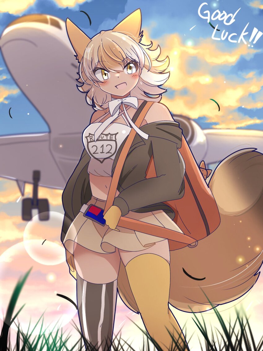 1girl aircraft airplane animal_ears bag belt blonde_hair camisole coyopotato coyote_(kemono_friends) extra_ears gloves highres jacket kemono_friends kemono_friends_v_project kiryu_(rnrwbhybsxj4qgk) looking_at_viewer navel outdoors short_hair skirt solo sunset tail thighhighs virtual_youtuber wolf_ears wolf_girl wolf_tail yellow_eyes