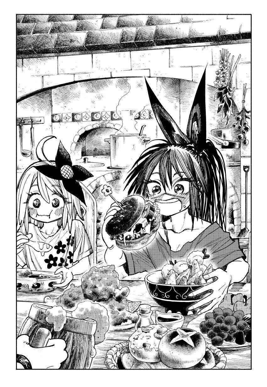 1other 2girls absurdres alternate_costume bad_anatomy bad_hands beer_mug bread burger chicken_(food) chicken_leg cooking_pot cup eating foam food fried_chicken fruit highres holding holding_burger holding_cup holding_food holding_spoon isekai_samurai kitchen meat miko_(isekai_samurai) mug multiple_girls plate saitou1218 scar scar_on_face scar_on_nose soup spoon stew tsukitsuba_ginko wooden_bowl wooden_spoon