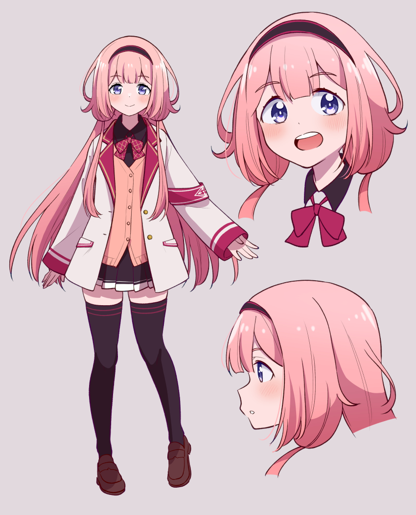 1girl absurdres black_hairband black_shirt black_thighhighs blazer blush bow bowtie brown_shoes closed_mouth grey_background hairband highres jacket loafers long_hair multiple_views nijisanji open_mouth pink_hair purple_eyes red_bow red_bowtie sakutatsu shirt shoes suo_sango suo_sango_(1st_costume) sweater_vest teeth thighhighs upper_teeth_only virtual_youtuber