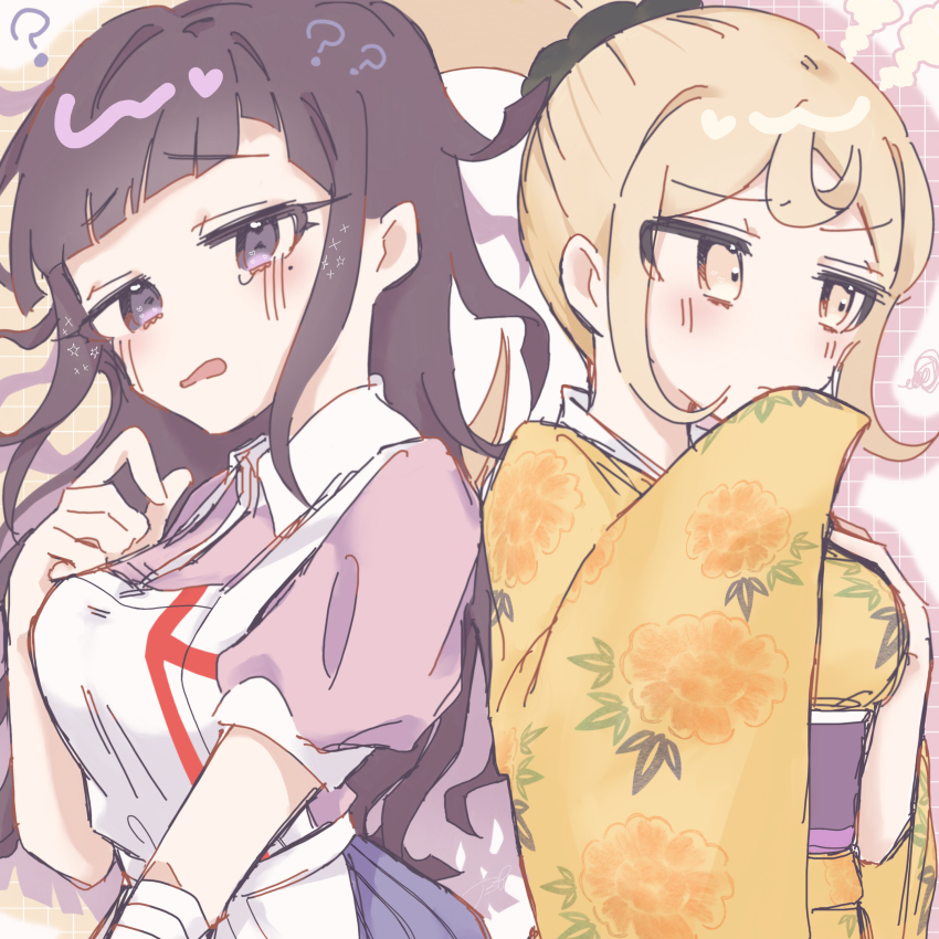 2girls ? absurdres apron beri_ame black_scrunchie blonde_hair blush breasts collared_shirt d: danganronpa_(series) danganronpa_2:_goodbye_despair floral_print hair_ornament hair_scrunchie highres japanese_clothes kimono large_breasts long_hair multiple_girls open_mouth orange_kimono pink_shirt pleated_skirt puffy_short_sleeves puffy_sleeves saionji_hiyoko scrunchie shirt short_sleeves skirt tsumiki_mikan two-tone_shirt upper_body white_apron