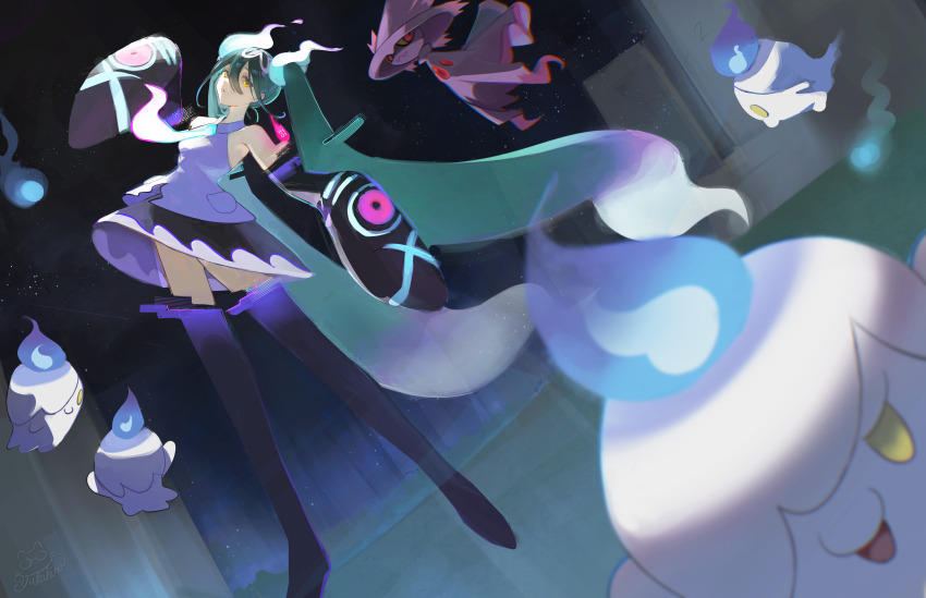 absurdres detached_arm detached_legs ghost_miku_(project_voltage) glitch glowing_neckwear hatsune_miku highres nintendo pokemon print_sleeves project_voltage see-through_clothes see-through_skirt skirt vocaloid yukihira_makoto