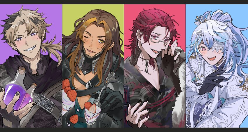 4boys armor belt black_gloves black_kimono black_nails black_scarf blue_background blue_hair bottle braid brown_hair cake cake_slice chest_belt chin_guard column_lineup cork corked_bottle crimzon_ruze curtained_hair earrings eyebrow_cut eyepatch fangs fingerless_gloves flower flower_eyepatch food forehead fork frilled_sleeves frills fruit glasses gloves goldbullet goldbullet_(2nd_costume) gorget green_background grin hair_slicked_back highres holding holding_bottle holding_fork holoarmis holostars holostars_english incoming_food japanese_clothes jewelry jurard_t_rexford kimono lily_(flower) long_hair low_ponytail male_focus medium_hair multiple_boys nail_polish octavio octavio_(2nd_costume) official_alternate_costume one_eye_closed pink_eyes plunging_neckline pointy_ears ponytail potion purple_background purple_eyes rectangular_eyewear red_background red_hair riz_tempura scarf sharp_teeth side_braid simple_background single_braid smile strawberry strawberry_cake string_choker teeth upper_body virtual_youtuber white_flower white_lily wrist_flower yellow_eyes