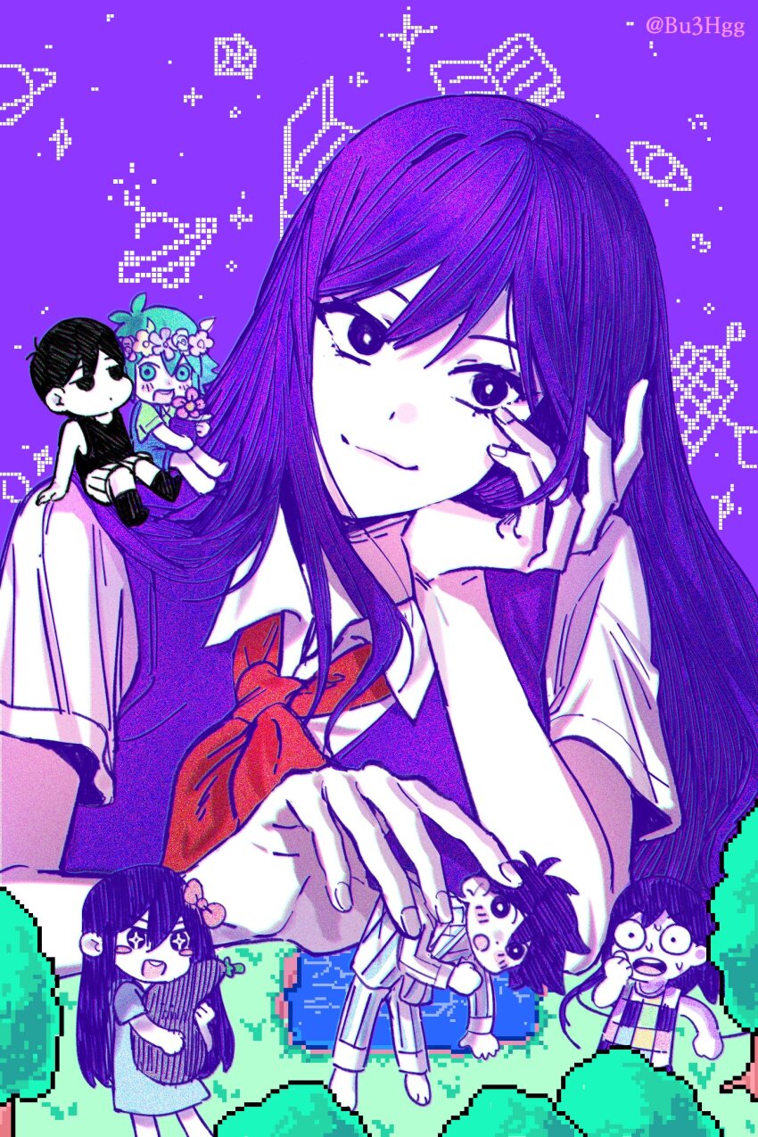 2girls 4boys :3 :d :o antenna_hair aubrey_(headspace)_(omori) aubrey_(omori) barefoot basil_(headspace)_(omori) basil_(omori) black_eyes black_hair black_socks black_tank_top blue_dress blue_overalls bow bright_pupils brother_and_sister brothers bu3hgg checkered_clothes chromatic_aberration closed_mouth collared_shirt colored_skin commentary_request double-parted_bangs dress fingernails flower flower_pot flower_wreath giant giantess grass green_eyes green_hair green_shirt hair_between_eyes hair_bow hand_on_own_cheek hand_on_own_face head_tilt head_wreath hero_(headspace)_(omori) hero_(omori) highres holding holding_flower_pot holding_stuffed_toy kel_(headspace)_(omori) kel_(omori) korean_commentary lake long_hair mari_(headspace)_(omori) mari_(omori) mr._plantegg_(omori) multiple_boys multiple_girls neckerchief omori omori_(omori) open_mouth outdoors overall_shorts overalls pink_bow pink_flower plant potted_plant purple_eyes purple_hair purple_sky purple_sweater_vest red_neckerchief shirt short_hair short_sleeves shorts siblings sidelocks simple_background sitting_on_shoulder sky smile socks solo_focus stuffed_eggplant stuffed_toy sweat sweater_vest tank_top teeth tree twitter_username upper_body upper_teeth_only white_pupils white_shirt white_shorts white_skin