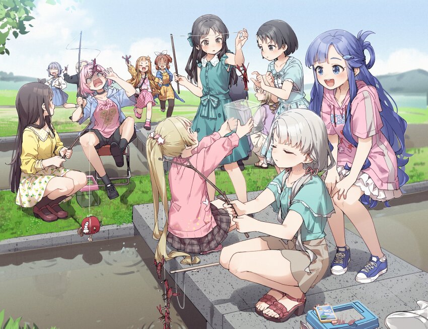 6+girls :d ^_^ abe_nana absurdres animal asari_nanami black_choker black_footwear black_hair black_pantyhose black_shorts black_socks blonde_hair blue_dress blue_eyes blue_hair blue_skirt blue_sky blurry blurry_background blush boots breasts brown_eyes brown_footwear brown_hair brown_jacket brown_shorts cellphone choker closed_eyes closed_mouth clothes_writing cloud collarbone collared_dress collared_shirt commentary crayfish day depth_of_field drawstring dress dress_shirt fang fish_hair_ornament from_behind grey_eyes grey_hair grey_skirt hair_flaps hair_intakes hair_ornament hair_over_shoulder hair_ribbon hair_rings hand_grab hands_up hayasaka_mirei highres hisakawa_nagi holding holding_animal hood hood_down hooded_jacket hoodie ichihara_nina idolmaster idolmaster_cinderella_girls jacket koshimizu_sachiko layered_skirt long_hair low_twintails medium_breasts morikubo_nono mountain multiple_girls open_clothes open_jacket open_mouth outdoors pantyhose phone pink_boots pink_hair pink_hoodie pink_jacket pink_shirt pink_skirt plaid_clothes plaid_dress plaid_skirt pleated_skirt polka_dot polka_dot_skirt ponytail purple_hair red_sandals red_shoes ribbon ringlets ringorou_(idolmaster) running sandals sasaki_chie shaded_face shirasaka_koume shirt shoe_soles shoes short_eyebrows short_sleeves shorts skirt sky sleeveless sleeveless_dress smile socks squatting standing star_(symbol) star_hair_ornament suspender_skirt suspenders tachibana_arisu teeth thick_eyebrows tsujino_akari twintails upper_teeth_only v-shaped_eyebrows very_long_hair water wavy_mouth white_ribbon white_shirt white_skirt yellow_dress yellow_shirt yokoyama_chika yukie_(kusaka_shi) yumemi_riamu